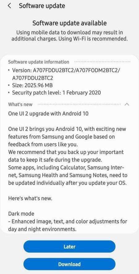 三星Galaxy A70s，Galaxy A6（2018）更新使Android 10帶有一個(gè)UI 2.0
