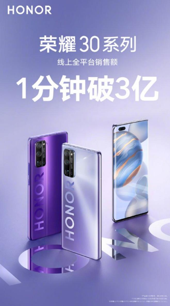 榮耀30系列首銷(xiāo)量在1秒鐘內突破億元