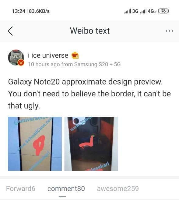 三星GALAXY NOTE 20設計預覽曝光