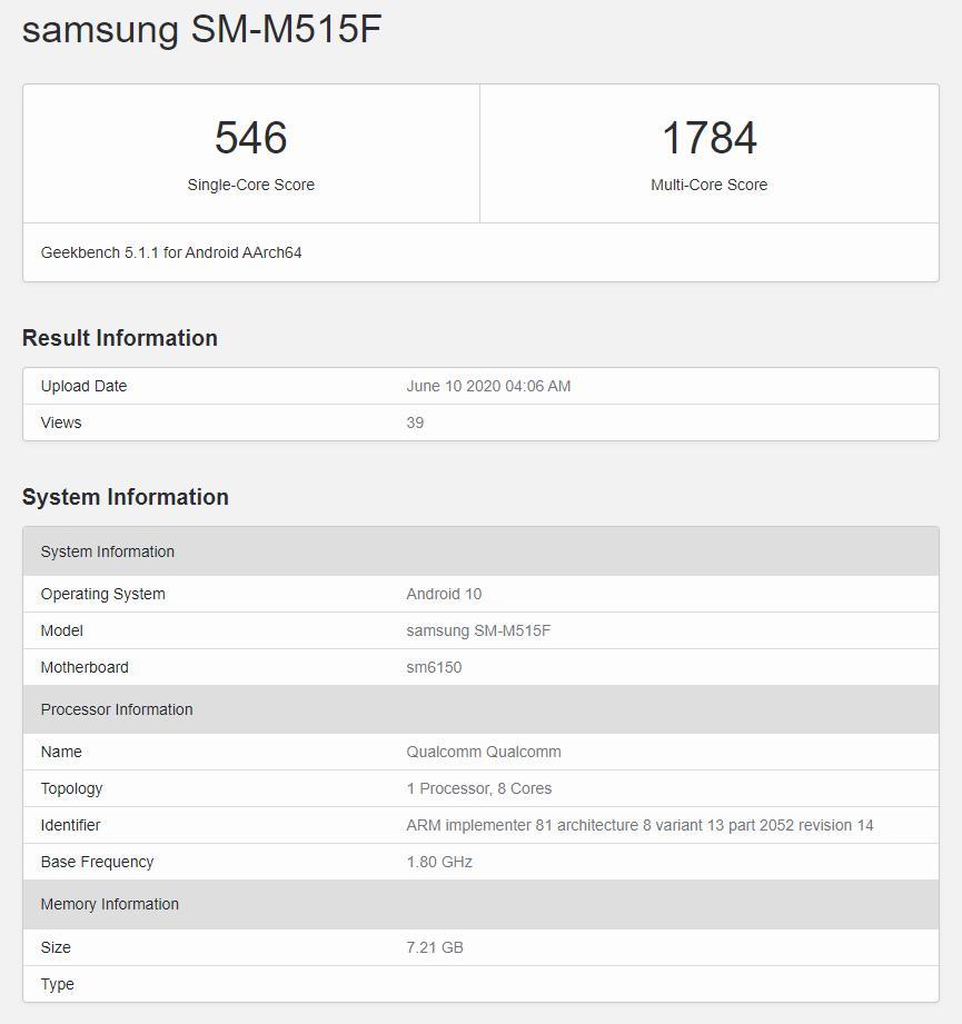 Galaxy M51在Geekbench上以Snapdragon 675和8GB RAM為基準