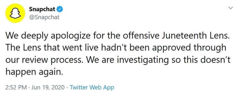 Snapchat移除種族主義者Juneteenth Lens，表示未獲批準