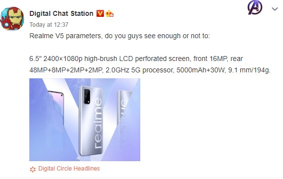 泄漏的Realme V5規格顯示它具有5000mAh電池并支持30W快速充電