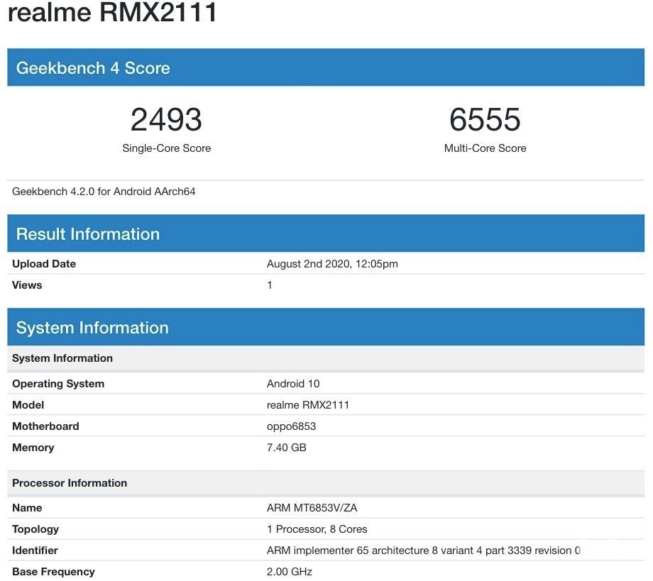 推出前，帶有Dimensity 720的Realme V5出現在Geekbench上