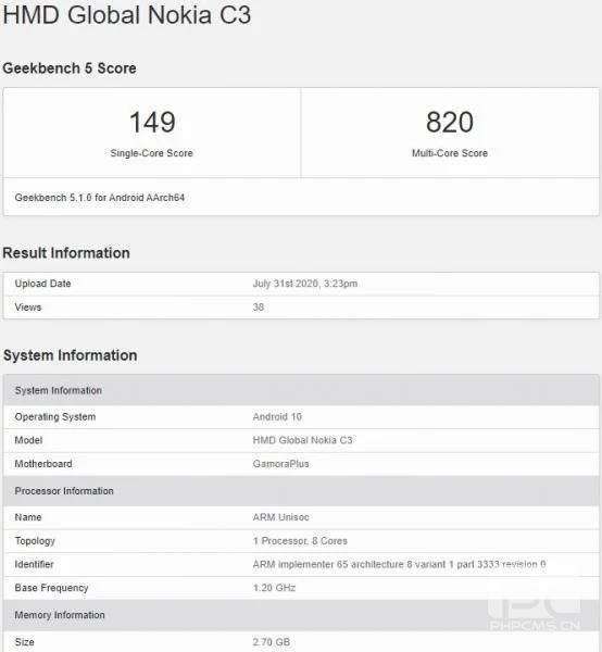 帶有Unisoc處理器的諾基亞C3出現在Geekbench