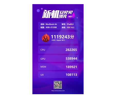 采用M1處理器的Macbook Air的安兔兔測試結果引起了人們的關(guān)注