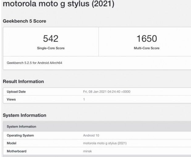 摩托羅拉Moto G Stylus（2021）通過(guò)Geekbench基準測試