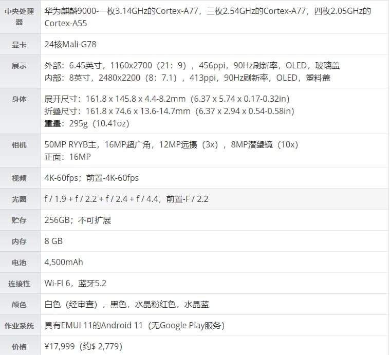 華為Mate X2的售價(jià)與規格