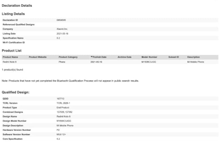 帶MIUI 12的Redmi  Note 8(2021)即將發(fā)布，已通過(guò)藍牙SIG認證