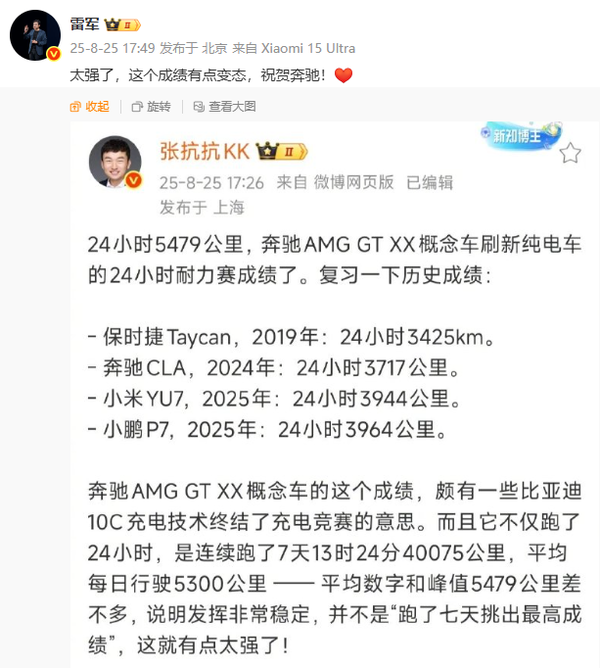 奔馳AMG GT XX刷新純電耐力紀錄 小米雷軍轉發(fā)點(diǎn)贊