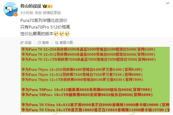 華為Pura 70系列華強北收貨價(jià)曝光：黃?？戳酥睋u頭