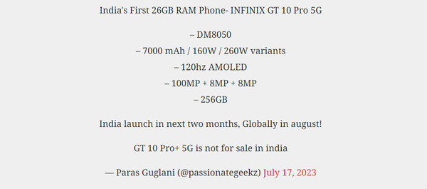 Infinix GT 10 Pro參數爆料